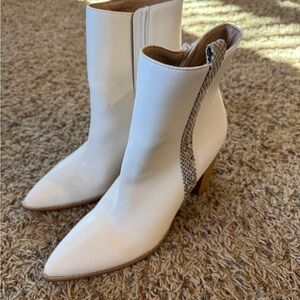 White Pointed Toe Ankle Boots with Snake-Print Pull Tab